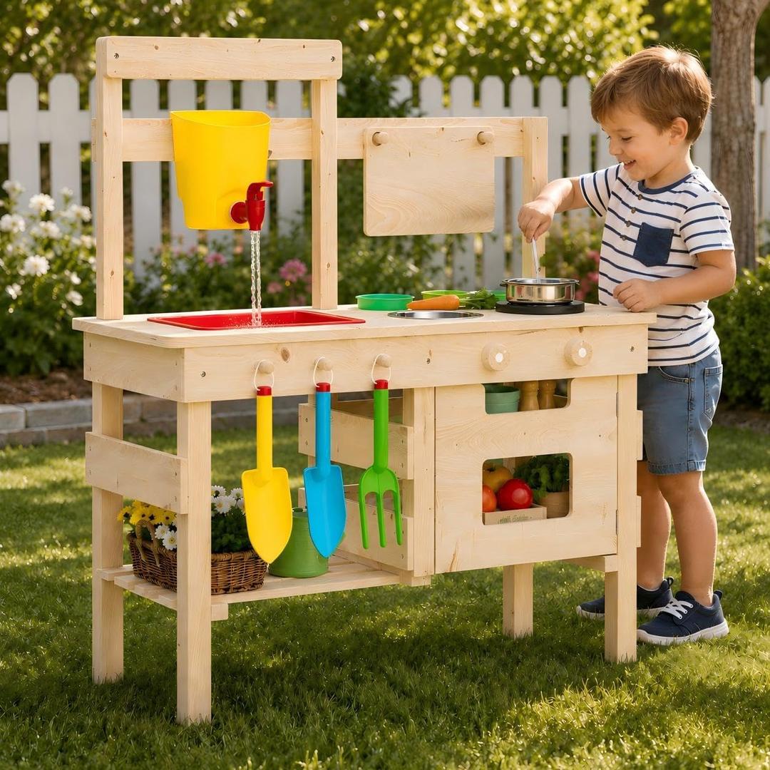 Kids Wooden Mud Kitchen Outdoor Playset, Solid Wood Backyard Pretend Kitchen with Working Faucet, Sink, Cutting Board, Planting Cups, Toy Cookware, Magnetic Cabinet Door and Storage Shelf