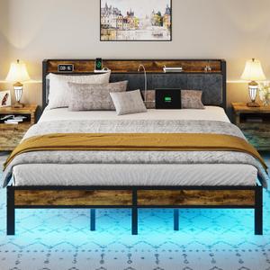 King Size Bed Frame with Smart LED Lights, Storage Headboard with USB Charging Station, Metal Platform Bed Noise Free, Easy Assembly, No Box Spring Needed