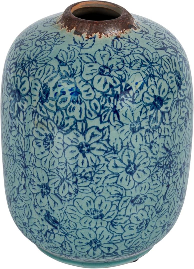 Creative Co-Op Decorative Round Terra-Cotta Vase with Floral Pattern with Distressed Finish, Blue