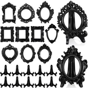 Remerry 10 Pcs Vintage Picture Frame Antique Mini Frame Small Photo Display Miniature Tiny Resin Jewelry Display 4 Inch Black Plastic Stand for Home Wedding (Black)