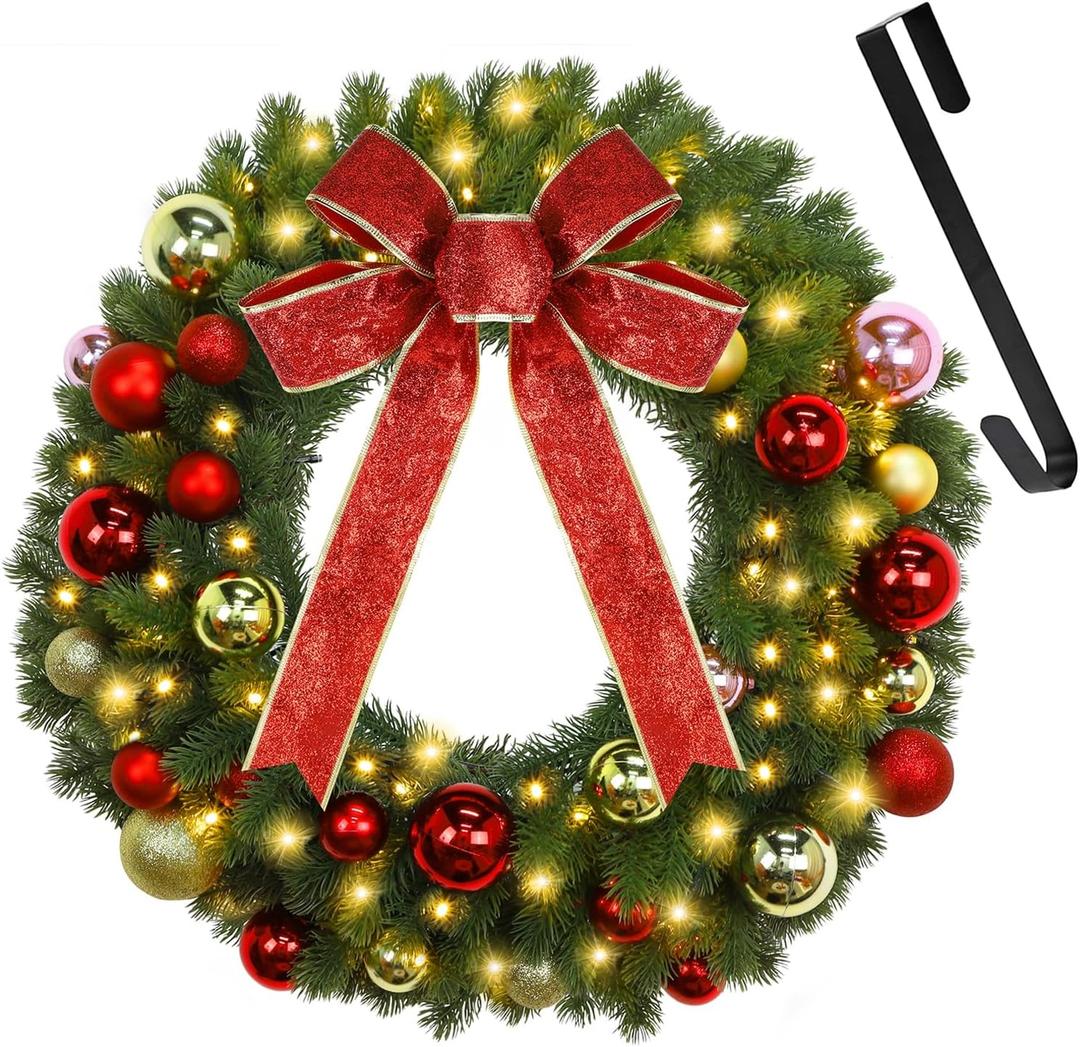 Juegoal 21 Inch Pre-Lit Christmas Wreath with Metal Hanger, Lighted Xmas Folded Wreath with 60 LED Lights, Red Bow and Colorful Balls, Battery Operated & Timer for Outdoor Home Window Wall Front Door