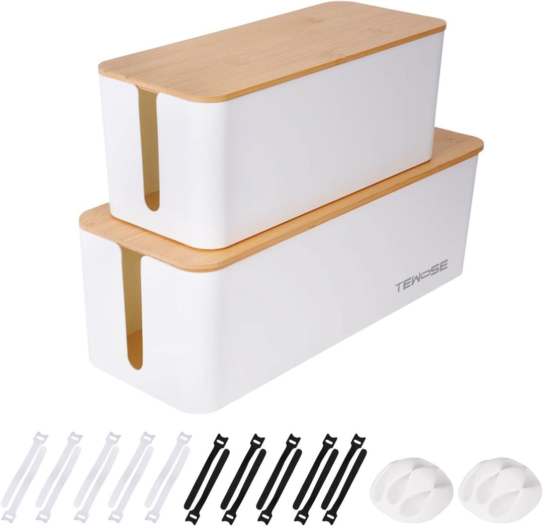 2 Pack Cable Management Box  Child and Pet-Proof Cord Organizer with Bamboo-Style Design, Large Capacity Cable Cover for Hiding TV Wires, Computer Cables, Power Strips,and USB Hubs, White