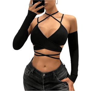 SHENHE Women's Criss Cross Strappy Wrap Crop Top Long Sleeve Halter Sexy Going Out Tshirt (Black, L)