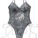 Lilosy Women Sexy Lace Up Floral Embroidered Teddy Babydoll Lingerie Bodysuit Top Mesh Sheer One Piece See Through Grey, X-Large