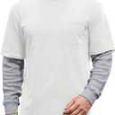 Mens Layered Shirt Waffle Longsleeve Cotton Faux 2-Piece Casual Pullover with Pocket  (Medium, White)