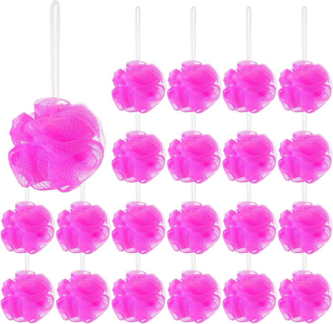 Shellwei 24 Pcs 3 Inch Mini Loofah Travel Size Bulk Shower Sponge Pouf Mesh for Women Kids Men Exfoliating Body Scrubber Baby Shower Favor(Rose Red)