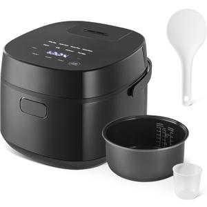 Amazon Basics Rice Cooker 6-cup Uncooked 12-cup Cooked, Micom with Fuzzy Logic, Ceramic Non-Stick Coating, Auto Keep Warm, Locking Lid, Black