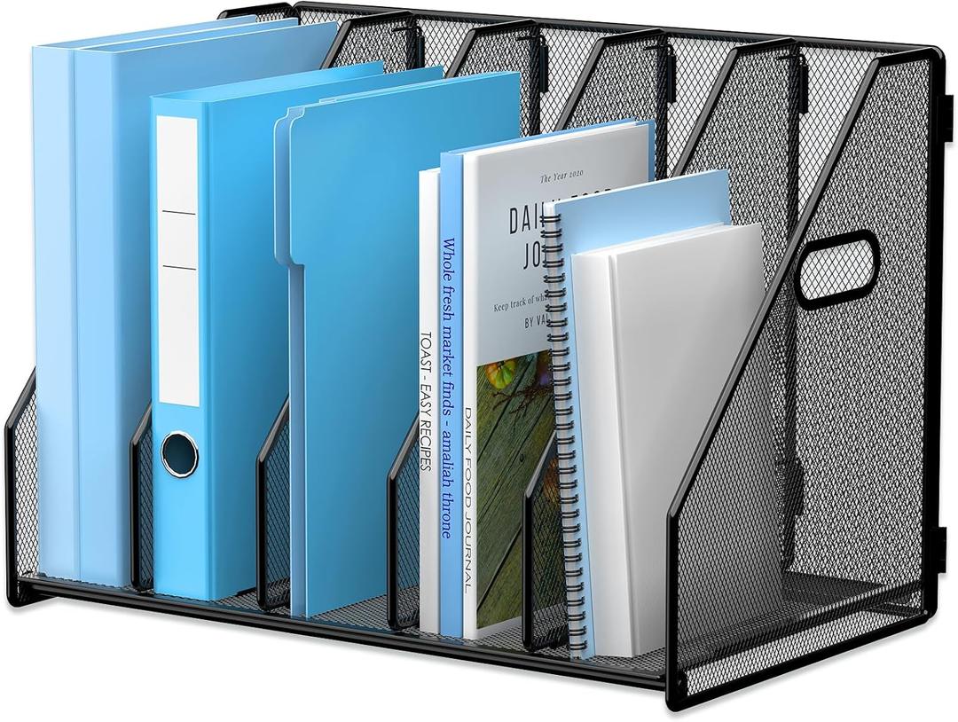 Desk File Organizer Metal Desk Magazine Folder Holder with 5 Vertical Compartments Rack File Organizer for Office, Home, School, Black