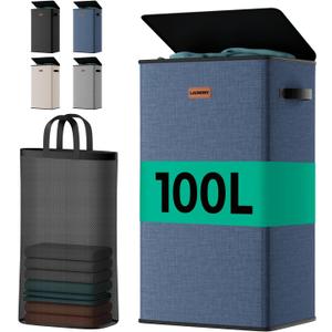 100L Laundry Hamper with Lid, Sturdy Clothes Hamper Heavy-Duty Laundry Basket Supports 30lb, Collapsible for Bathroom Bedroom Laundry Room Dorm