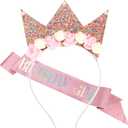 SuPoo Birthday Girl Crown and Sash Flower Birthday Headband Princess Crown Glitter Hair Band Cute Birthday Sash Tiara for Girls Happy Birthday Decorations for Girl Birthday Accessories