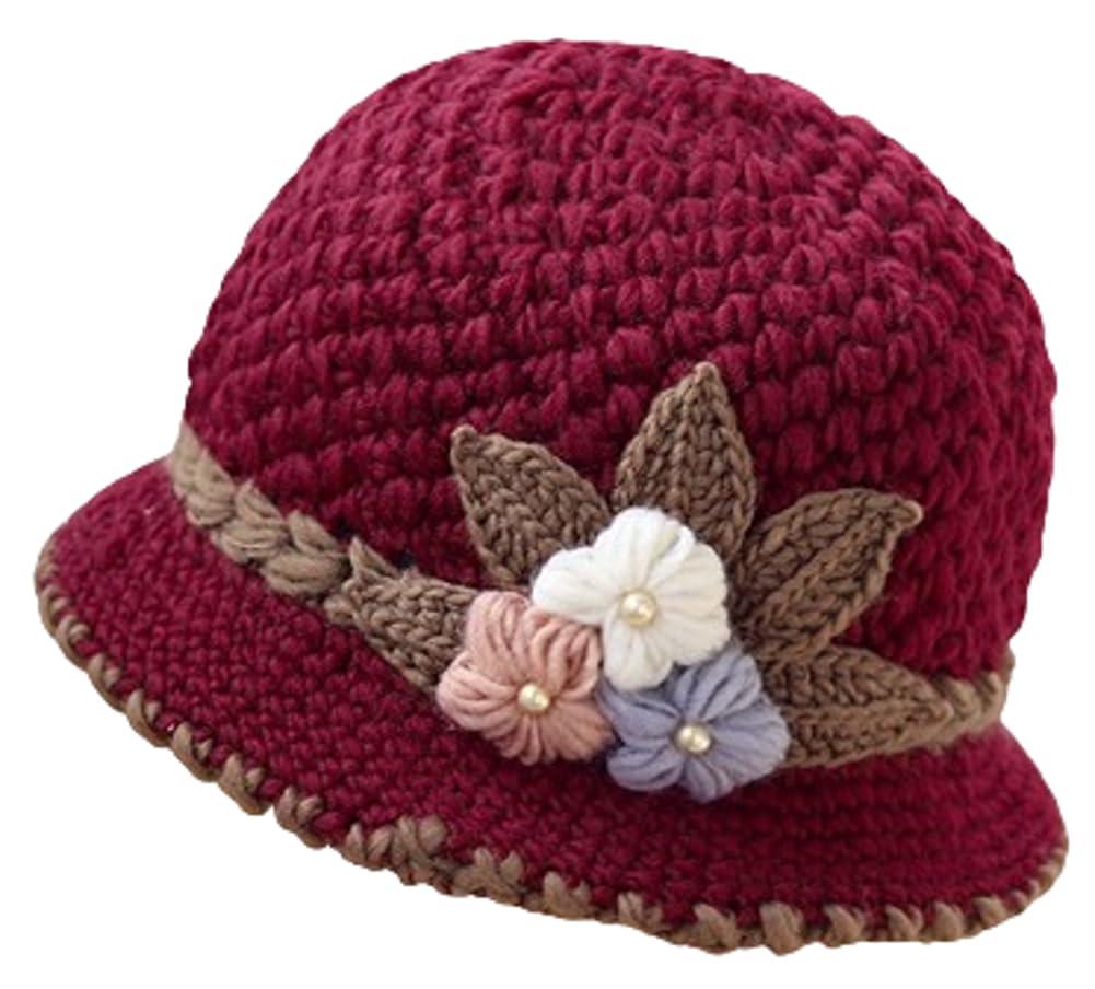 Flower Knit Crochet Fuzzy Bucket Hat Women Winter Warm Beanies Hat Furry Plush Faux Fur Fishing Skull Cap Fishman Hats (Red)