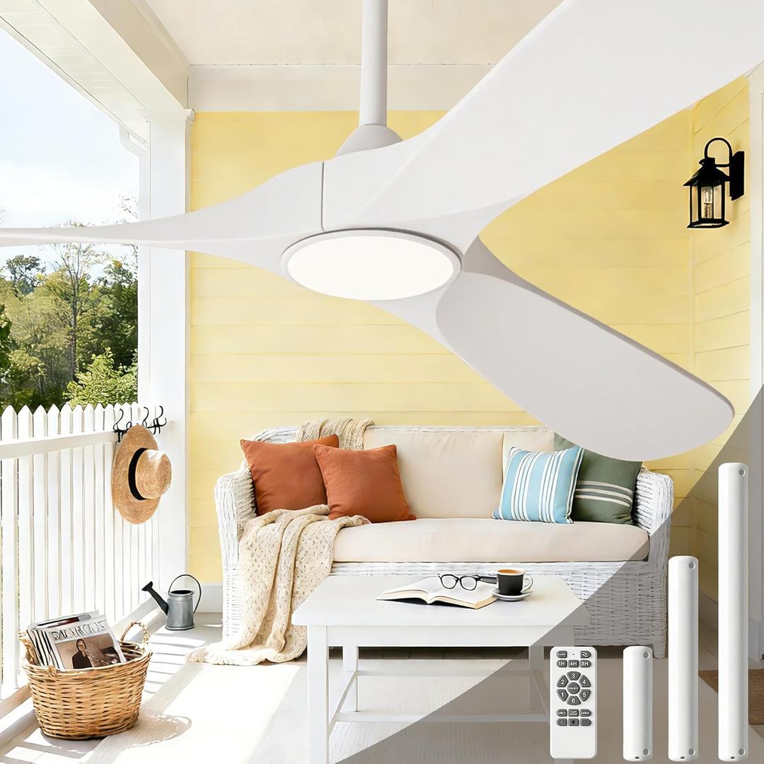 White Ceiling Fan with Light and Remote 52 Inch, Wood Outdoor Ceiling Fans with Lights 3 Blade Propeller High CFM Wet Rated Modern Fan for Indoor Living Room Patios Gazebo Bedroom