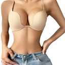 Women's Deep Plunge Multi-Way Convertible Bra Underwire Padded Push Up Bra with Clear Strap (38D, Beige)