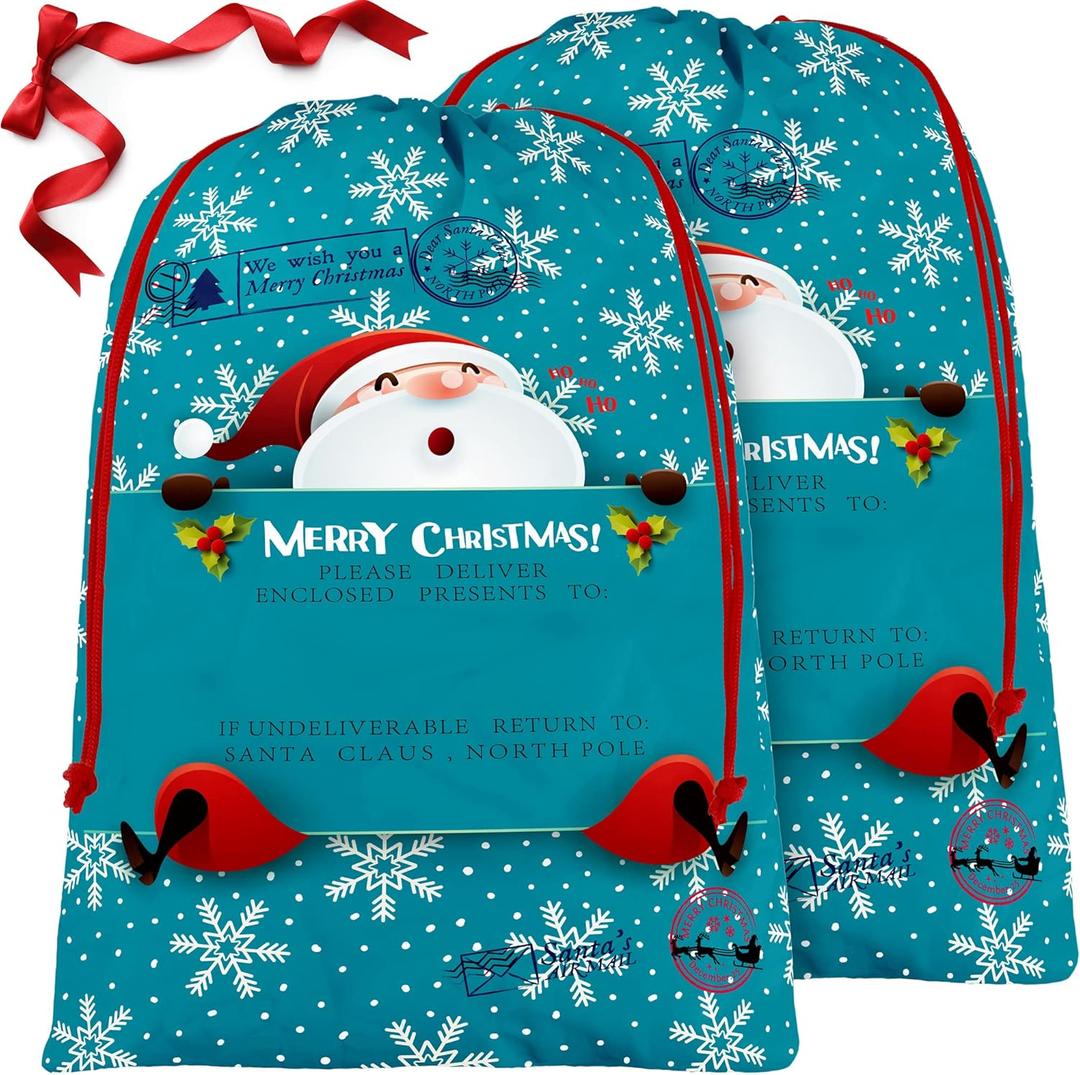 BeeGreen Blue Large Christmas Gift Bags Drawstring Gift Bag 2 Pack Large 27.6 x 42, Giant Reusable Gift -Bag for Xmas Holiday Presents Birthday -Gift Party Favor Wrapping Candy Goodie Bags (Blue Santa Claus)