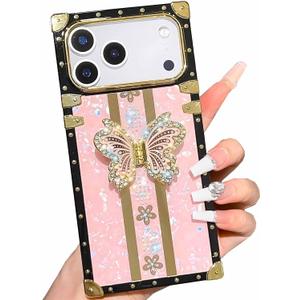 Cute Compatible with iPhone 17 Pro Max Glitter Case,Luxury Sparkly Butterfly Floral with Shinny Bling Foldable Stand Kickstand,Slim Bumper Protective Cover for Women Girls(Pink)