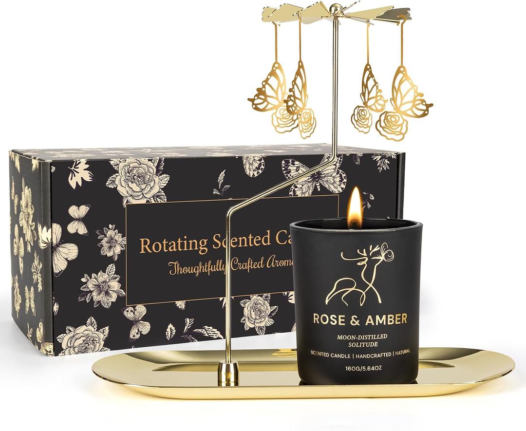 Butterfly Candle Gift for Women, Rotating Rose Scented Candles for Mom, Birthday Gift Carousel Candle Holder Set for Wife Friends Sister, Christmas Anniversary Valentine Mother's Day Candles