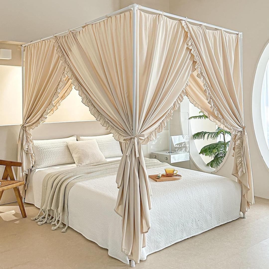AIKASY Princess Canopy Bed Curtains with Top Ties - Windproof & Lightproof for Girls' Adult Bedroom Decor | Bed Canopy Drapes (Queen,Khaki)