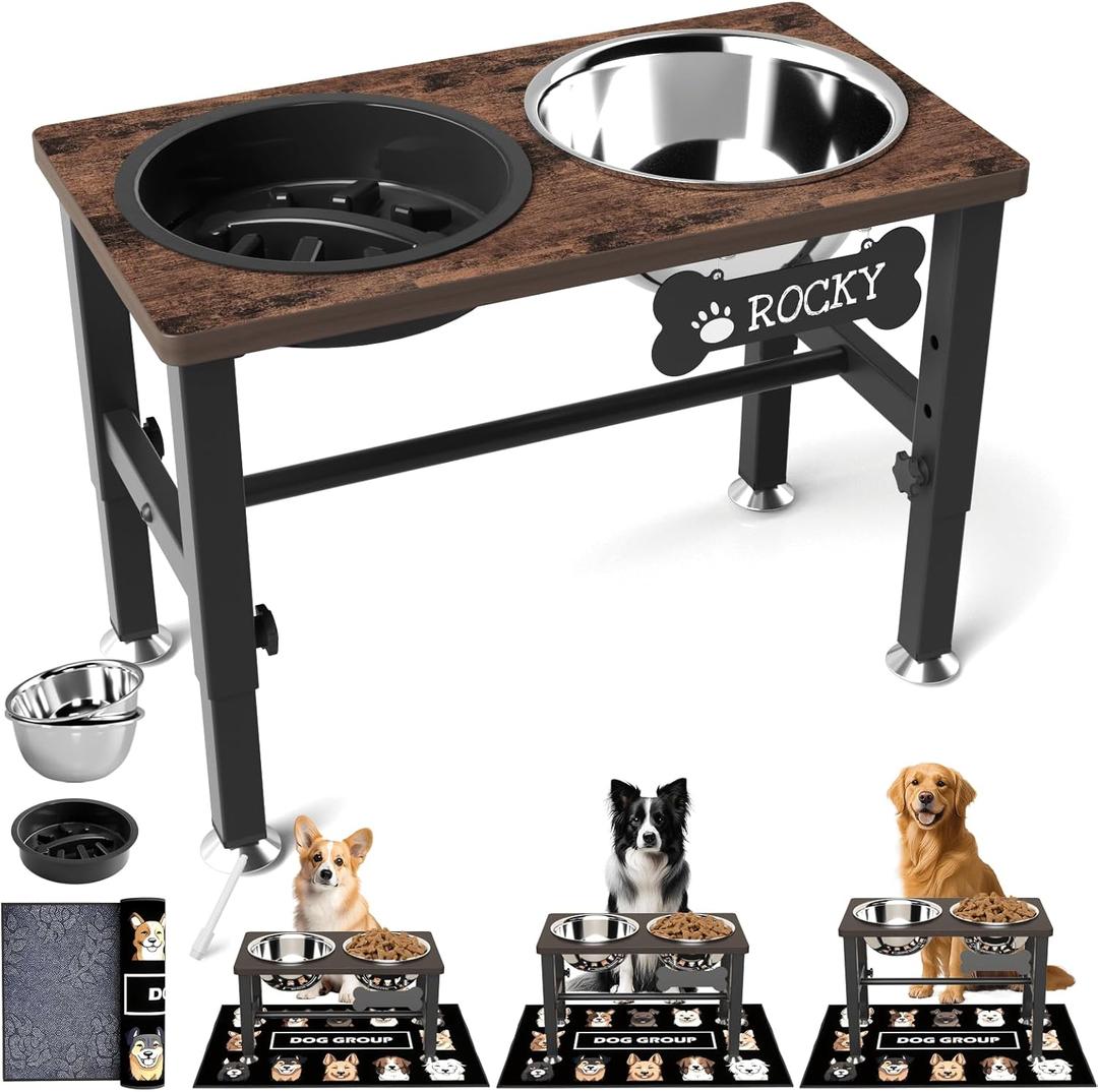 SHAINFUN Elevated Dog Bowls with Slow Feeder & Mat for Medium and Large Dogs, 12" Tall Adjustable Wooden & Metal Raised Dog Bowl Stand, 2 Stainless Steel 58oz Bowls for Food & Water (Brown-1.7L)
