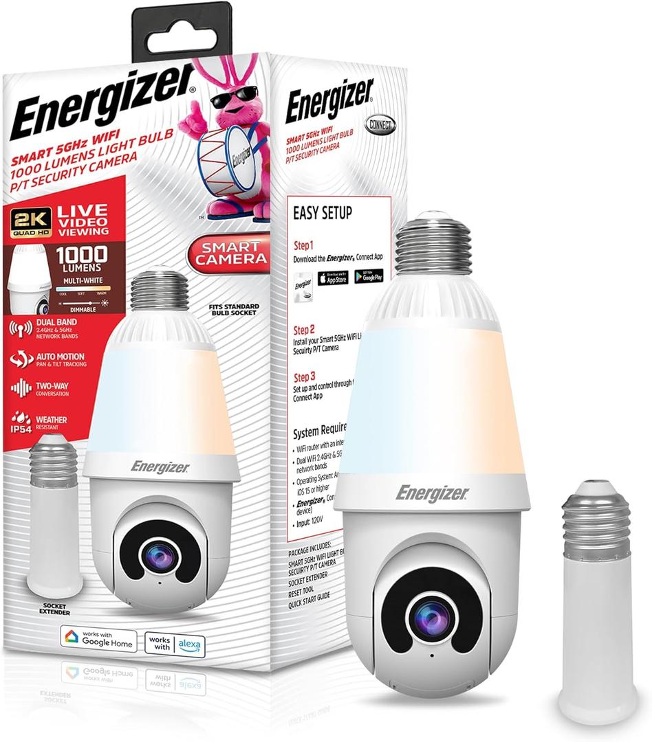 Energizer Smart 2K Light Bulb Security Camera, 1000 Lumens LED Light, 5GHz & 2.4GHz Wi-Fi Outdoor Socket Camera, Auto Tracking, Pan and Tilt, Night Vision, 2-Way Audio, Works with Google Home & Alexa (White)