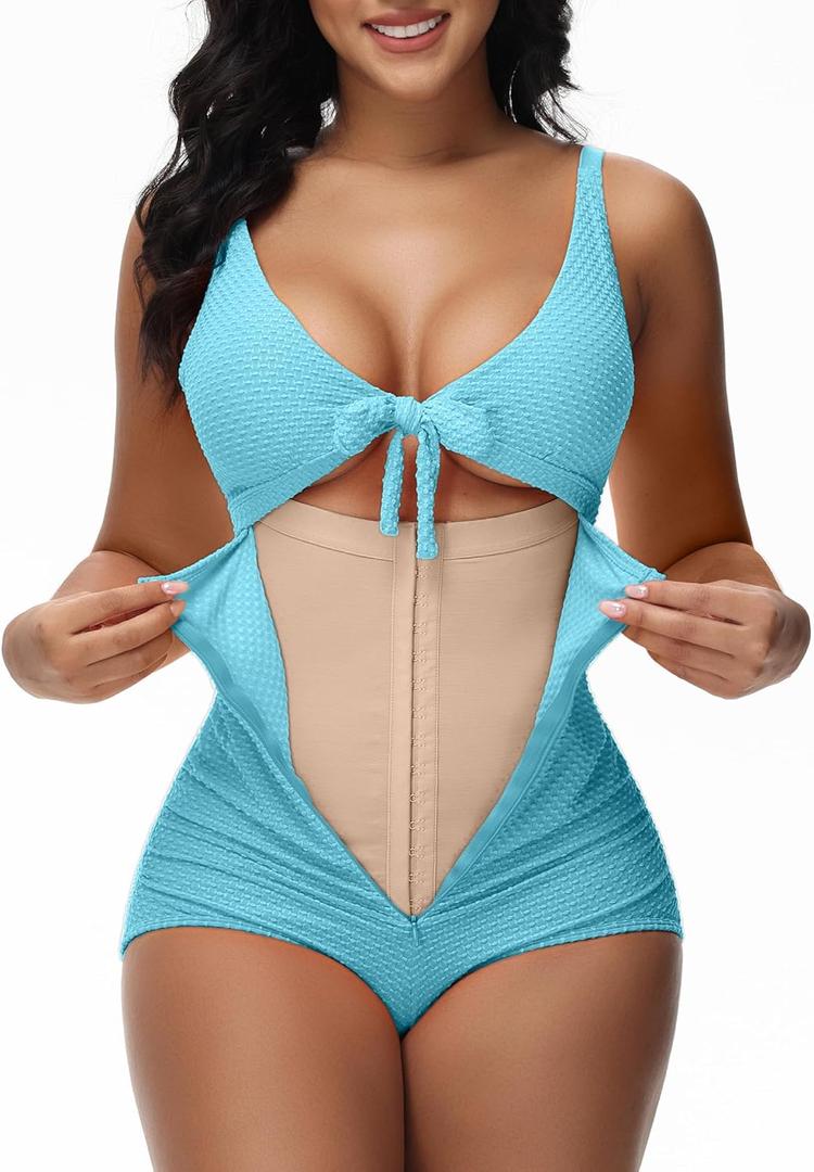 SHAPSHE Women's Tummy Control Swimsuit One Piece Slimming Bathing Suit Cutout Tie Knot Front Bikini Push Up Swimwear (Medium, Blue)