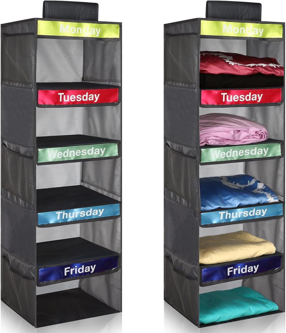 2 Pack Weekly Clothes Organizer for Kids Shelf Hanging Closet Organizer Dividers Collapsible Hanging Closet Dorm Bedroom Essential for Clothes Sweater Baseball Hat(Dark Grey)