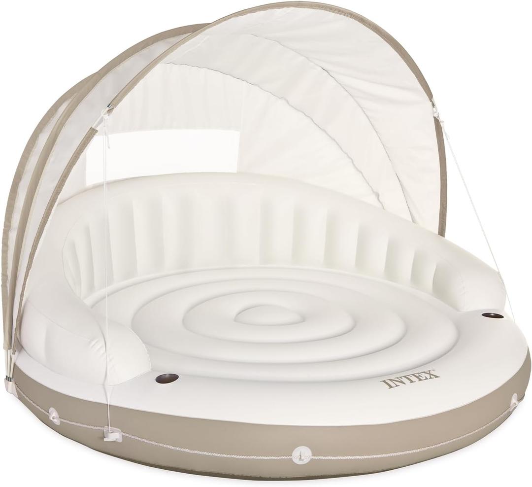 INTEX 58292EP Canopy Island Inflatable Pool Float: Comfortable Lounge Surface Built-in Cup Holders Detachable Sunshade 440lb Max Weight Capacity 78.5" x 59"