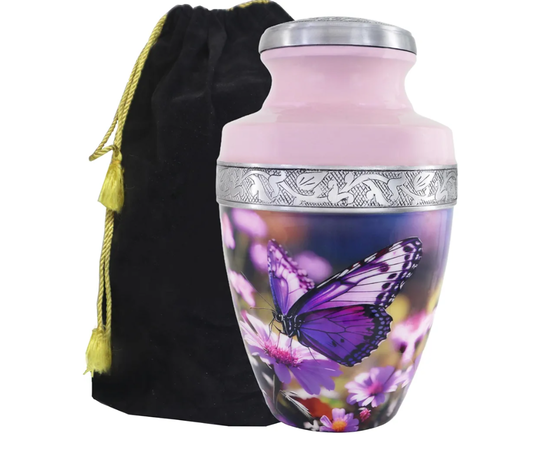 MEILINXU Urn for Ashes for Woman & Male, Cremation Urns for Human Ashes Adult Female or Man, Burial Urns with Butterflies, Decorative Urn for Funeral, Purple Butterfly and Flowers - Large