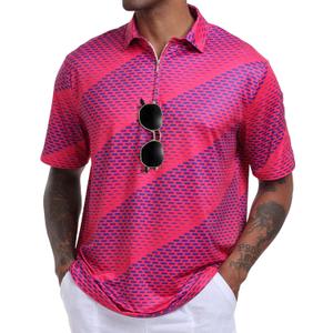 Hodaweisolp Men's Golf Shirts Dry Fit Moisture Wicking Performance Athletic Zipper Short Sleeve Polo Shirt for Men (Pink, L)