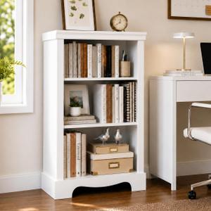 3-Tier Bookshelf, Small White Bookcase, 11.4" D x 24.6" W x 38" H
Adjustable shelf, 40 lbs per shelf, Anti-tip device, Wood-grain finish, Easy assembly, Study room
