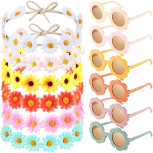 Groovy Retro Flower Sunglasses Headbands Party Favors Daisy Flower Costume Accessories Set 60s 70s Party Gifts for Kids