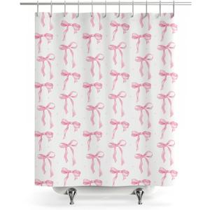 WELTRXE Cute Pink Bow Shower Curtain – Modern Minimalist Style Bathroom Shower Curtain for Bathtub Decor, Waterproof Polyester Fabric with Hooks, 72 x 72 Inches‌