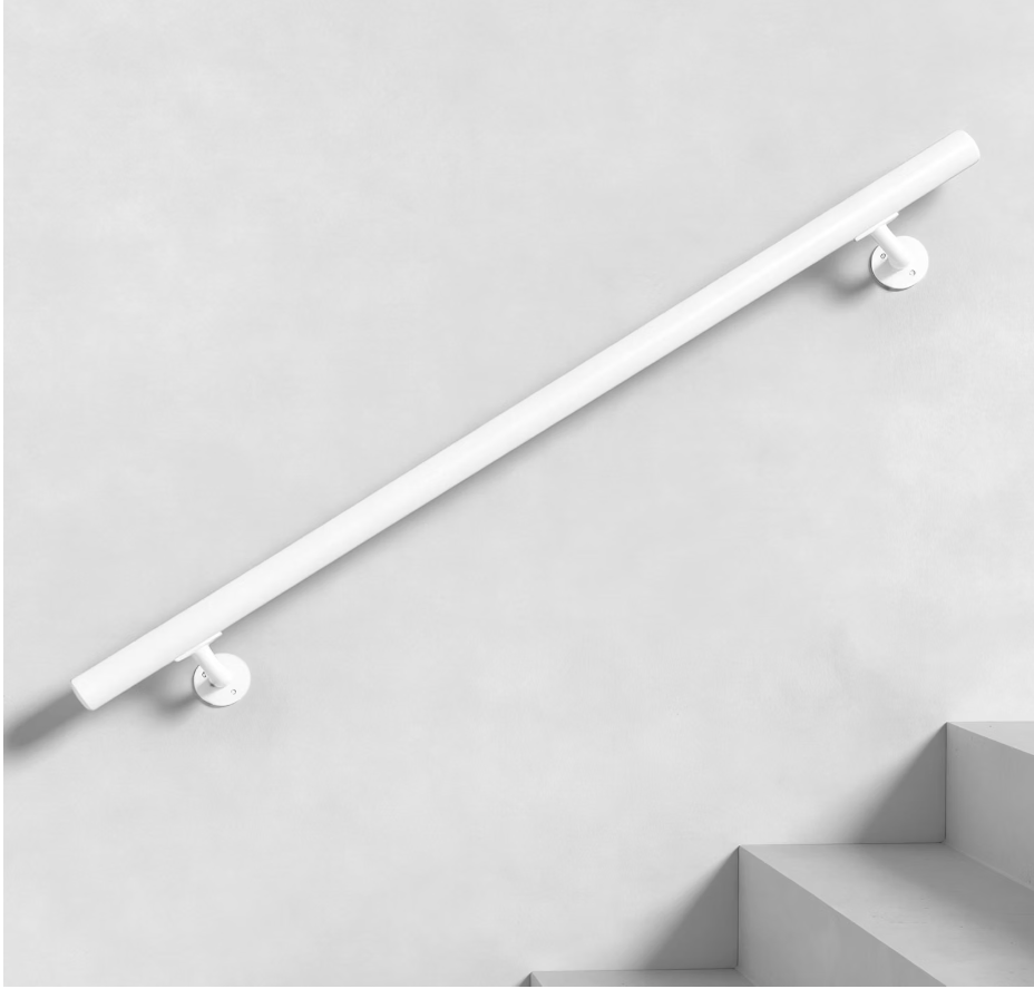 Handrails for Outdoor Steps & Indoor Stairs – 7FT White Aluminum Stair Handrail Kit, 1-1/2" Round for Deck/Porch, Wall/Post Mount, Includes 2 Brackets, End Caps, Couplink, Collars, Spacers & Screws