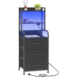 HOOBRO Tall Nightstand with Charging Station, LED Bedside Table with 3 Fabric Drawers and Open Shelves, USB-A, Type-C, 2 AC Outlets, Modern End Table for Bedroom, Black BB206UDBZ01