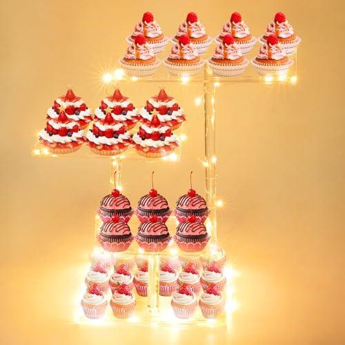 lahnao 4 Tier Cupcake Stand,Dessert Table Display Set with LED Light,Acrylic Cup Cake Tower Stand,Clear Cupcake Holder,Desert Stand for Weddings, Birthday, Parties Events,Baby Shower