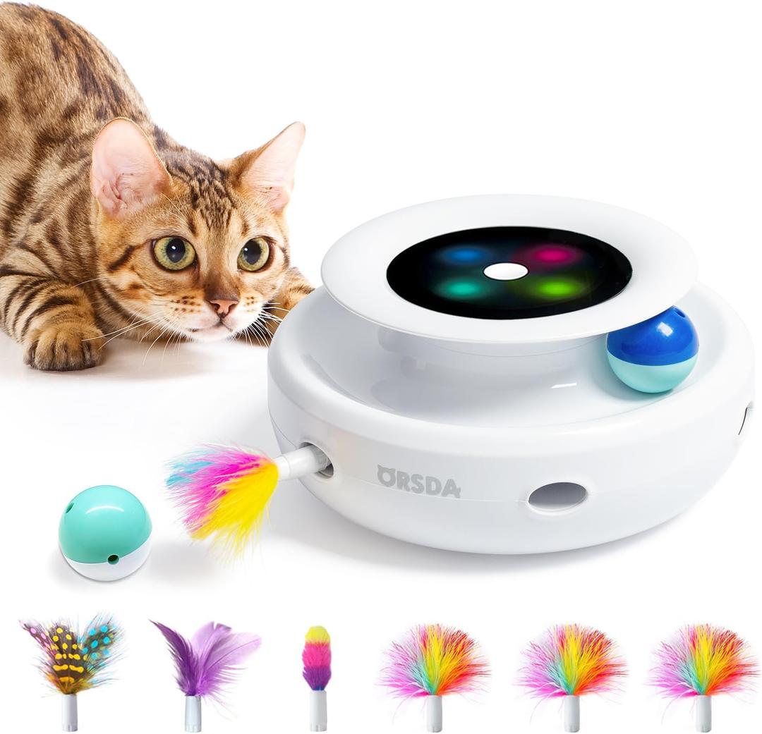 ORSDA 2in1 Interactive Toys for Indoor Cats, Timer Auto On/Off, Cat Toy Balls & Ambush Electronic Cat Mice Toy for Entertainment with 6pcs Feathers, Dual Power Supplies (Ivory White)