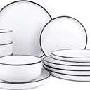 12 Pieces Ceramic Dinnerware set,Plates and Bowls Sets for 4,White Dinnerware Set for Kitchen, Modern Design Plate Sets with Black Rim, Microwave and Dishwasher Safe