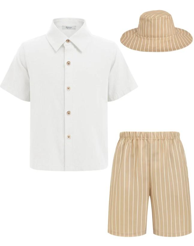 Arshiner Boys Cotton Linen Shorts Sets Button Down Short Sleeve Shirt and Shorts with Bucket Hat Summer Beach Outfits (Size 16)