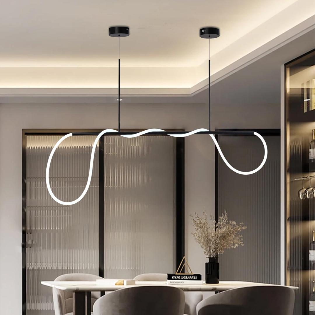 Waveform LED Chandelier Modern Elegance Spiral LED Pendant Light Fixture Modern Adjustable Ceiling Hanging Lamp Black 47.2 Inch DIY Shapes Kitchen Island Lighting with Soft Silicone