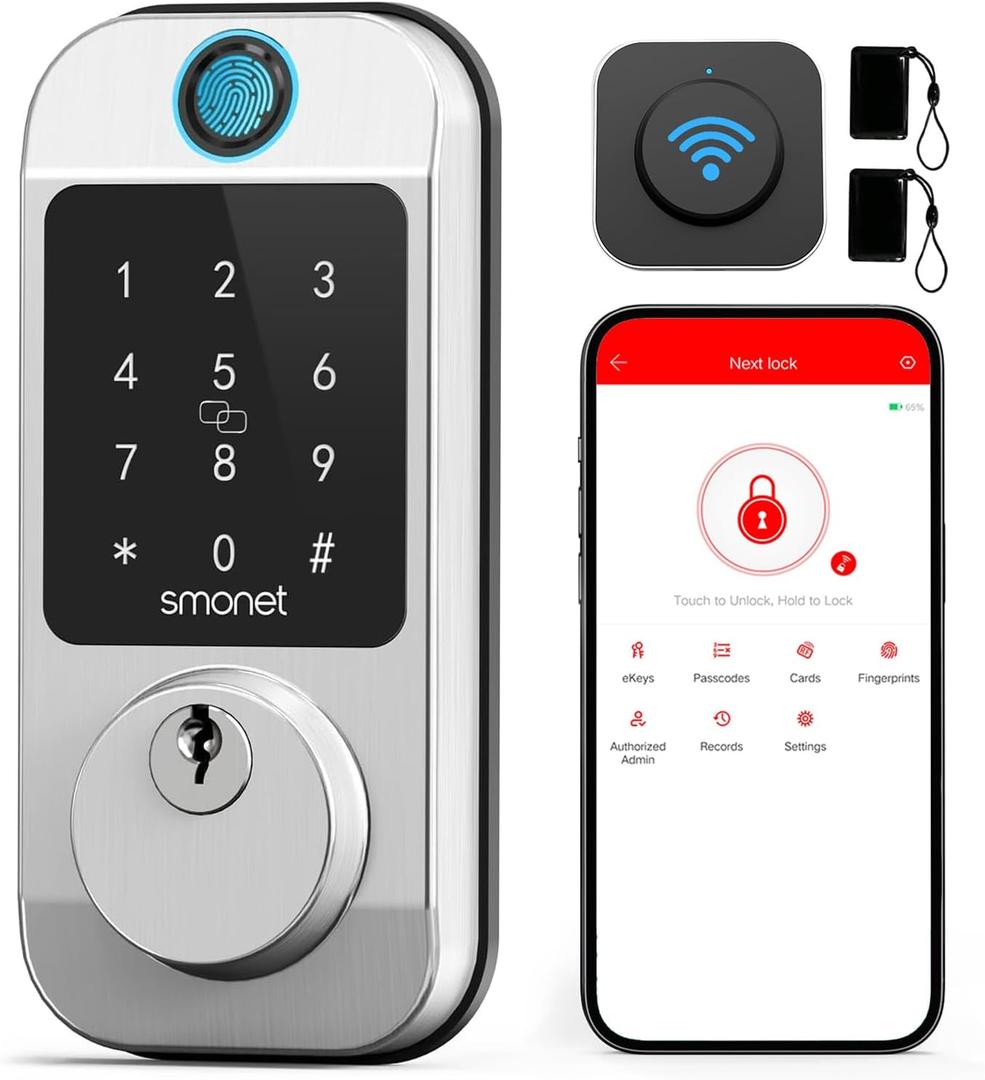 Smart WiFi Door Lock Deadbolt: SMONET Keyless Enrty Front Door Alexa Fingerprint Keypad Deadbolt Biometric Digital Electric Touchcreen Bluetooth APP Gateway Remote Control for House, Satin Nickel