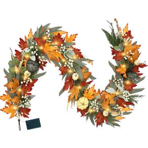 Realistic Fall Garland for Mantle 6 Ft Fall Maple Leaves Garlands with Lights/Timer Pumpkin Garland for Thanksgiving Outdoor Indoor Table Fireplace Autumn Decor Fall Decorations for Home Porch