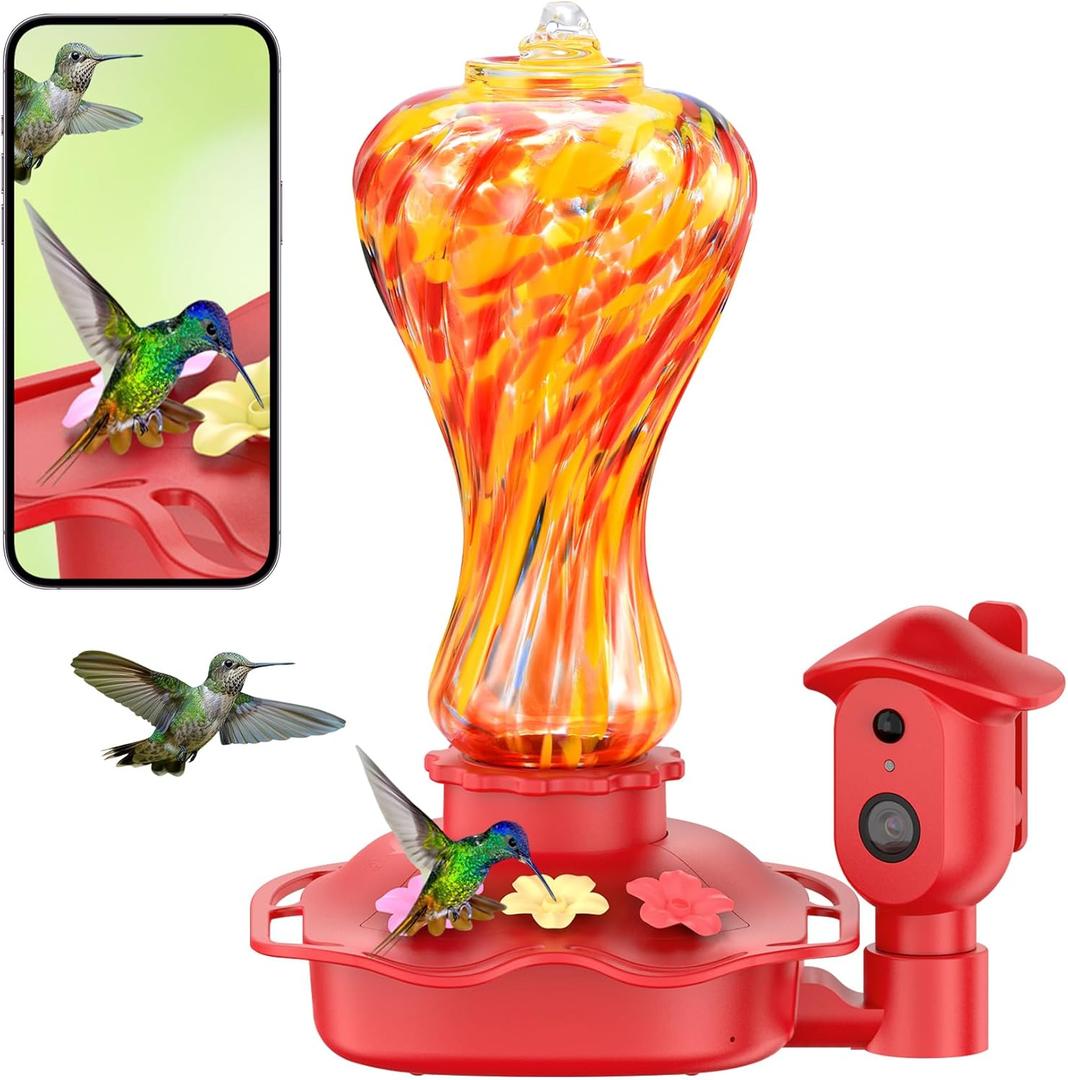 Smart Glass Hummingbird Feeder with Camera, 2K HD Live View, 2.4GHz WiFi Only, Solar-Assisted Outdoor Bird Feeder, App Motion Alerts, AI Bird ID, Ant Moat, Easy Clean Drip-Resistant Nectar Feeder