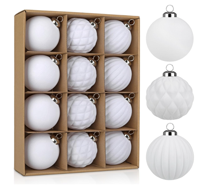 Velvet Christmas Ball Ornaments Set - 12 Pcs 3.1" Large Hanging Balls White with 3 Textures | Smooth Diamond Pleated | Shatterproof Luxury Decor for Christmas Tree Holiday Home Party Decorations