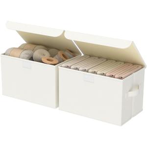 GUOHNHE Fabric Storage Bin with Lid, Closet Boxes with Cover, Collapsible Stackable Organizer Basket with 2 Handles, for Home and Bedroom, 2 Pack, Beige, 10.2 x 7.9 x 6.7 In, XSNY12BES-2