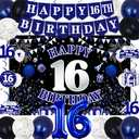 16th Birthday Decorations for Boys Girls, Blue Black Happy 16th Birthday Party Decorations, Happy 16th Birthday Backdrop, 16 Foil Balloons, Banner, Balloons, Hanging Swirls, Birthday Cards Set 45pcs