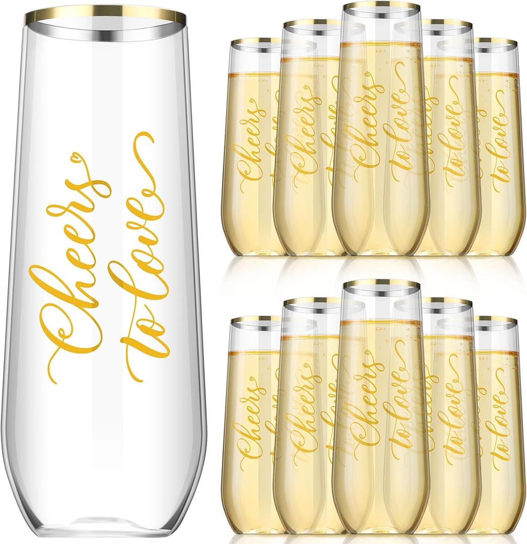 24 Pcs Wedding Plastic Champagne Flutes 9 oz Cheers to Love Stemless Champagne Glasses Gold Rim Wedding Cups Toasting Flutes Cocktail Cups Bridal Shower Party Bar Birthday Gifts