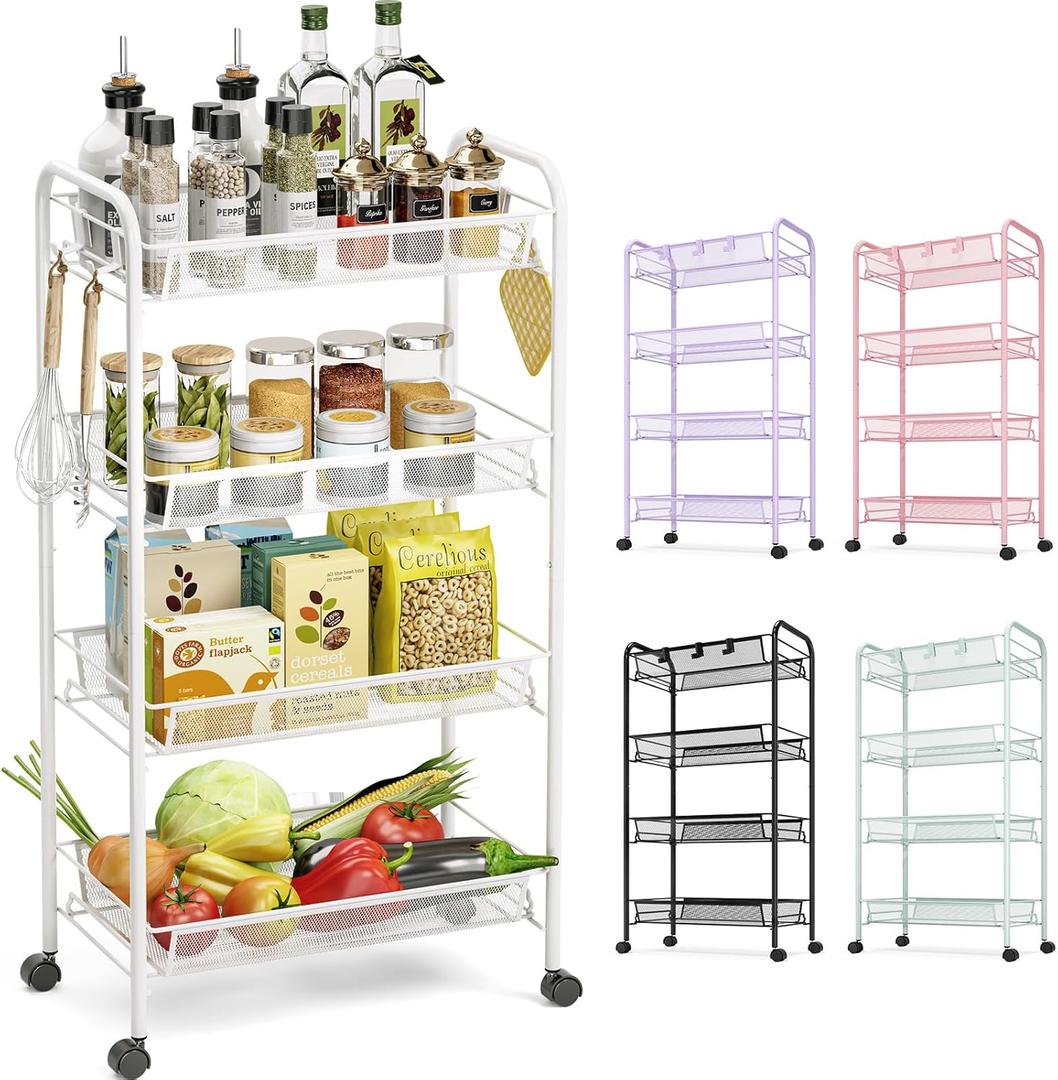 TOOLF 4-Tier Rolling Cart, Metal Utility Cart with 3 Hooks, Easy Assemble Mobile Storage Trolley On Wheels, Metal Shelving Units Kitchen Bathroom Laundry Room (White)