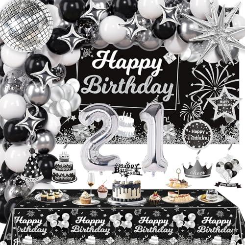 Miidenks 21st Birthday Decorations Set for Man Women,Black Silver Happy 21 Birthday Party Supplies with Birthday Backdrop Banner Birthday Tablecloth 21 Number Balloons for Her Him