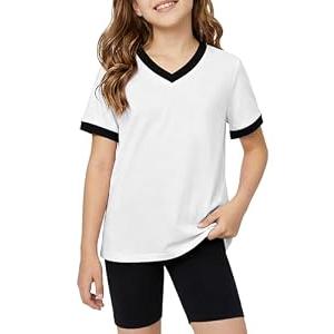 Poroka Girls Short Sleeve Shirt V-Neck Tee with Ribbed Trim Plain T-Shirts Soft Fashion Summer Tops for Girls, 7-14 Years White