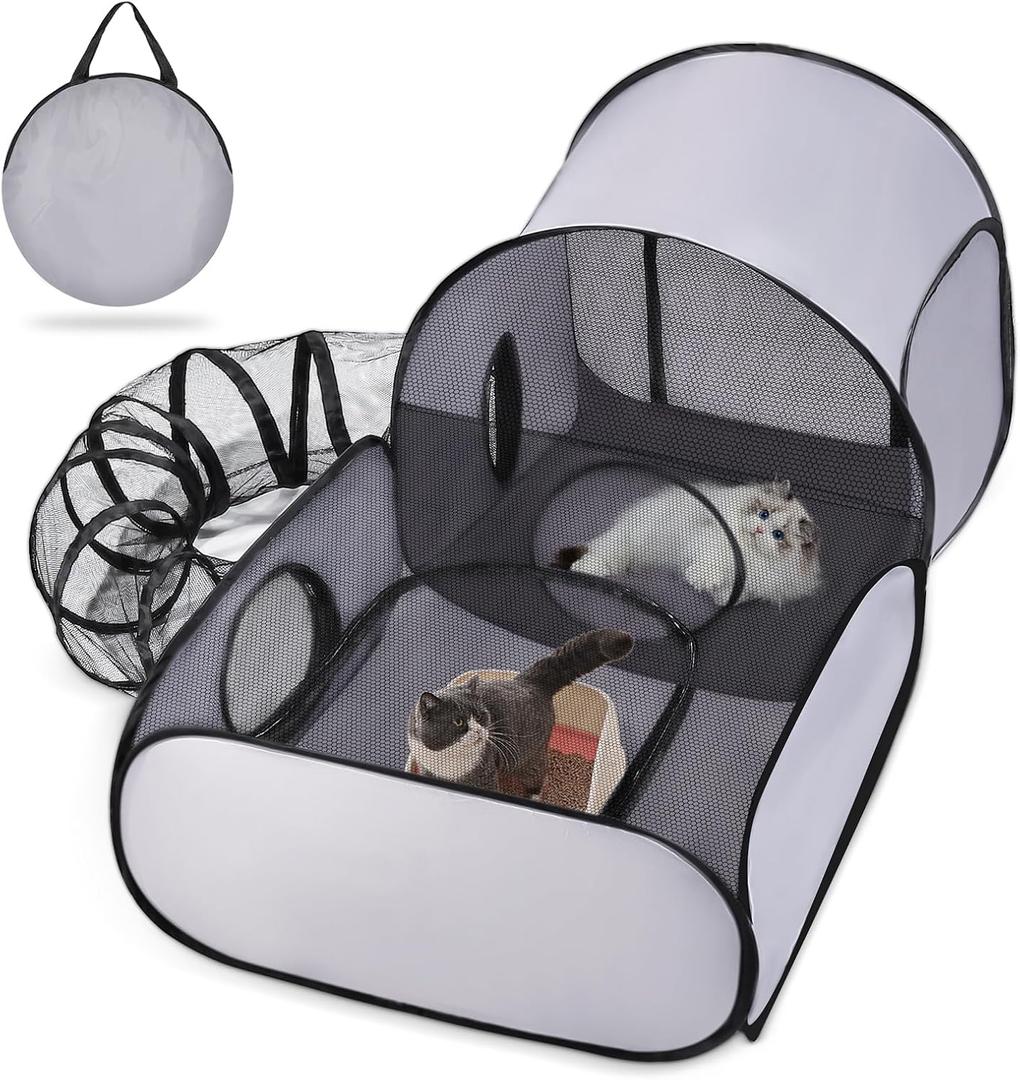 Pet Playpen with Surround Tunnel, Outdoor/Indoor Cat Playpen with Breathable Soft SidesTailtastic Cat Enclosure Tent for Small Animals, Portable Tent with Carry Bag (Medium)