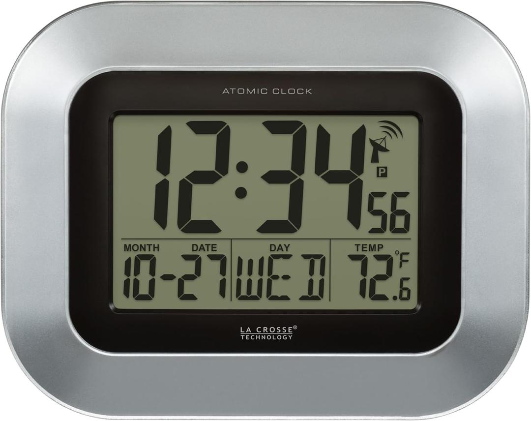 La Crosse Technology WT-8005U-S Atomic Digital Wall Clock with Indoor Temperature, Silver